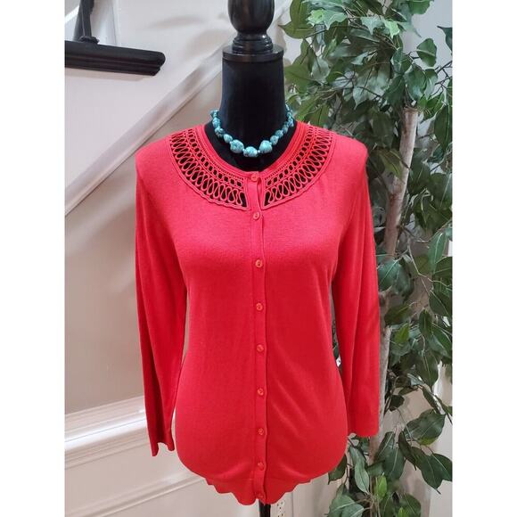 August Silk Womens Red Cotton Round Neck Long Sleeve Cardigan Sweater Size Large - Picture 1 of 12